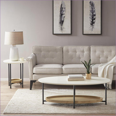 Table basse contemporaine Beaumont - plateau en panneau de fibres à densité moyenne blanc, base en métal noir, peu encombrante avec tablette
