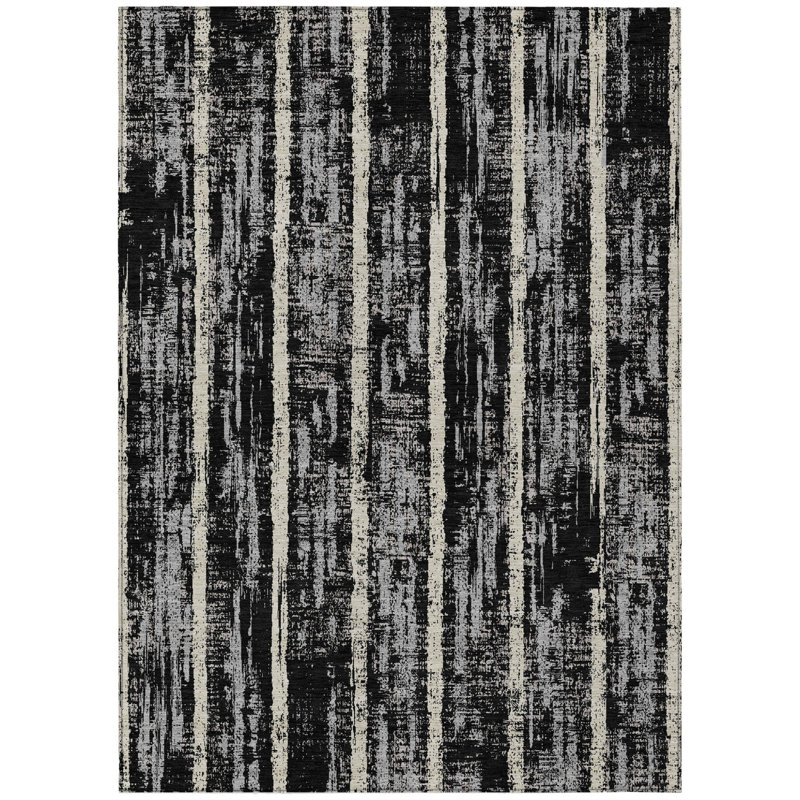 Tapis extérieur lavable rayé noir et gris 5 pi x 8 pi