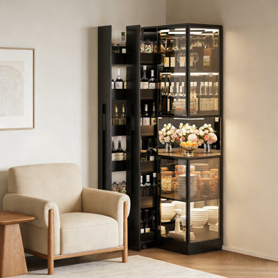 32.36" Modern Light Luxury Black Tempered Glass Wine Cabinet Display Case With Pull-Out Drawer Storage Design