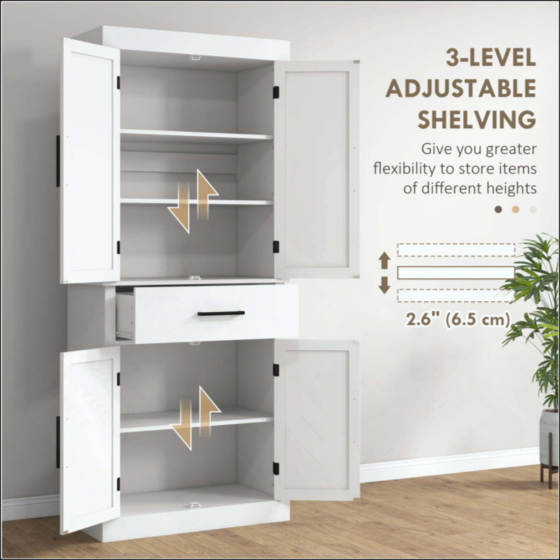 Grande armoire de rangement pour garde-manger avec 4 portes de grange, un tiroir, une tablette à 5 niveaux et des tablettes réglables pour un décor de maison de campagne moderne