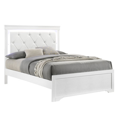 Lit simple Blaze, blanc, style moderne, tête de lit à DEL avec éclairage ambiant réglable, revêtement en similicuir, structure en bois, tête de lit, structure, option gris acier