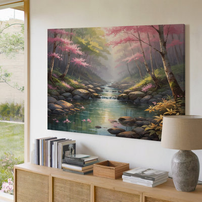 Serene Forest Stream With Pink Blossoms And Rocky River Canvas Wall Art Print For Living Room, Bedroom, Office, Hallway, Entryway, Gallery Wall And Modern Home Decor