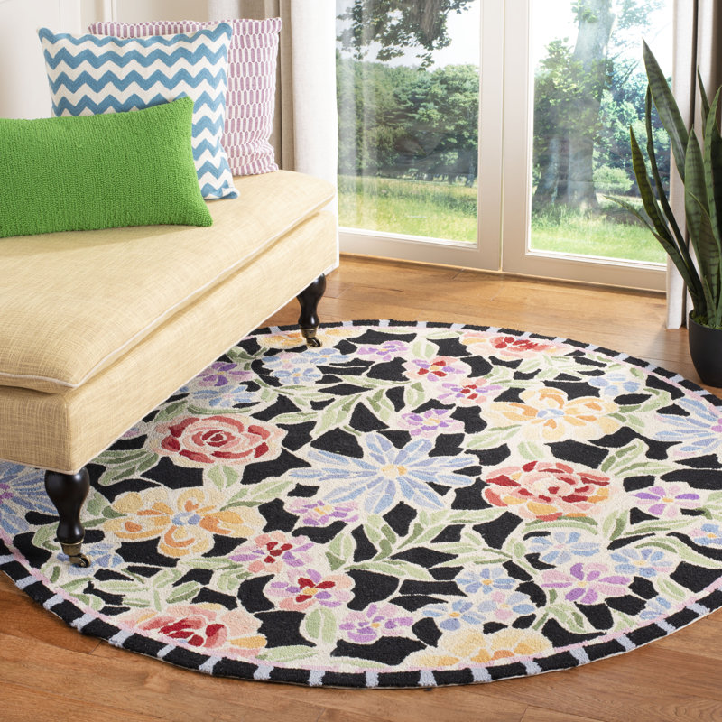 Hollander Floral Hand Hooked Wool Black Area Rug, Round 3'