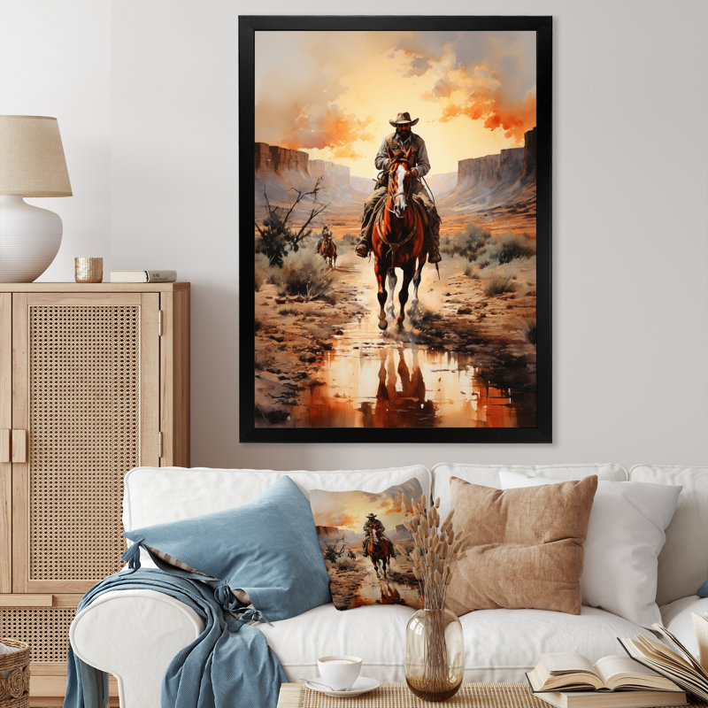 Mabe Cowboy Chassant le coucher du soleil II - Cowboys, art mural, Cadre photo noir, H 20 po x l 12 po x P 1 po