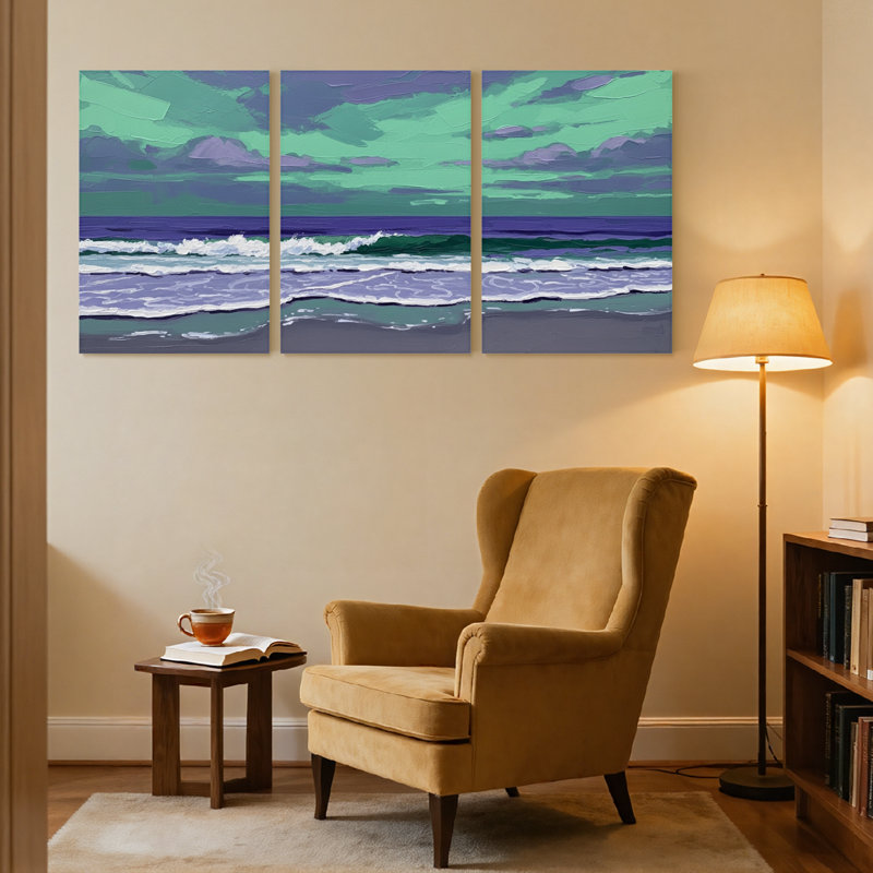 Nautical & Beach Ocean Waves Sky Clouds Beach Sunset Art Canvas Set of 3 Canvas Wall Art Prints, 18" H x 36" W