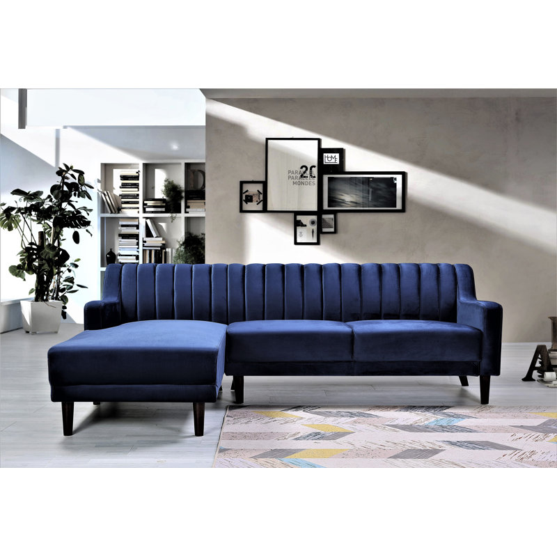 Chi 86" Wide Velvet Sofa & Chaise, Dark Blue, Left Hand Facing
