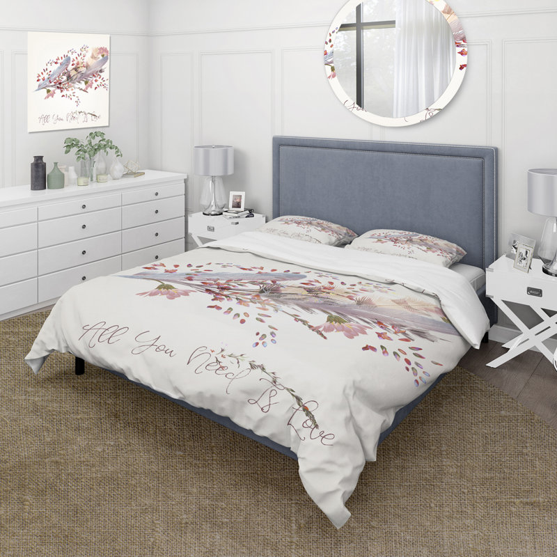 Ensemble de housse de couette bohémien - plumes roses et oiseaux All You Need Is Love - polyester en microfibre
