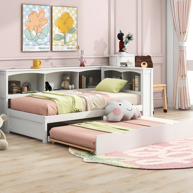 Lit de jour simple blanc avec lit gigogne et rangement - Structure en bois massif robuste et rangement simple, structure de ports en couleur