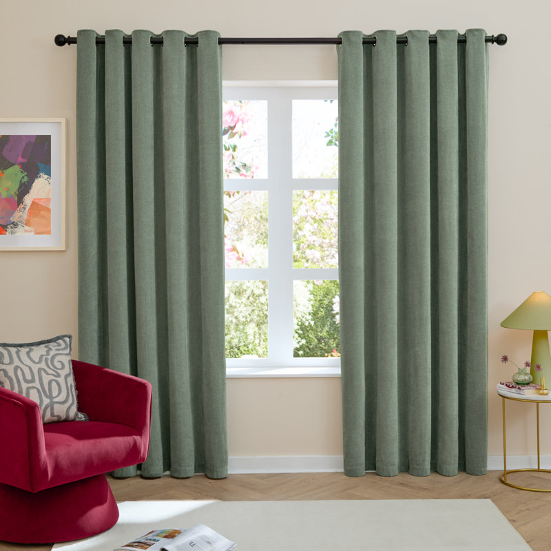 Soft Chenille Blackout Eyelet Curtains, 168cm Width x 183cm Drop, Green