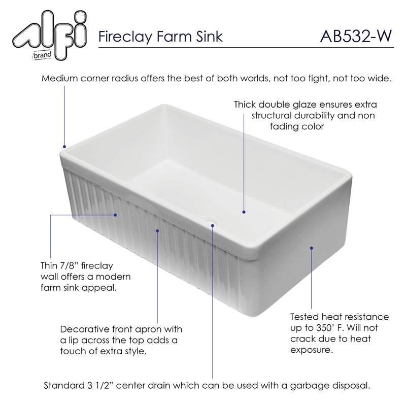 33'' L Single Bowl Fireclay Kitchen Sink, White