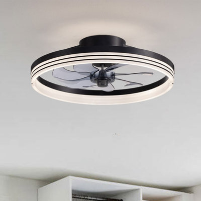 18" Black Flush Mount Ceiling Fan With Light, 6-Speed Quiet DC Motor, Dimmable LED For Bedroom