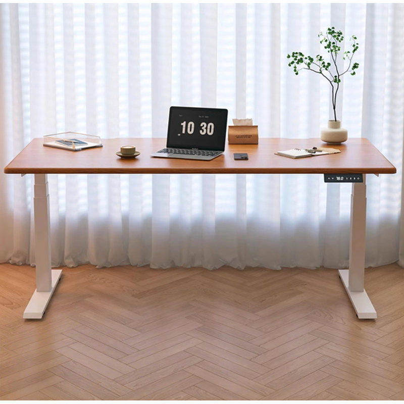 Bureau debout électrique à hauteur ajustable avec plateau en bois massif et structure blanche