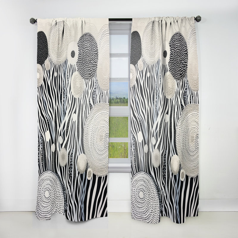 Ashtyn Black And White Abstract Corals River I - Coastal Coral Curtain - Velvet Room Darkening - 1 panel, 52" W x 95" L