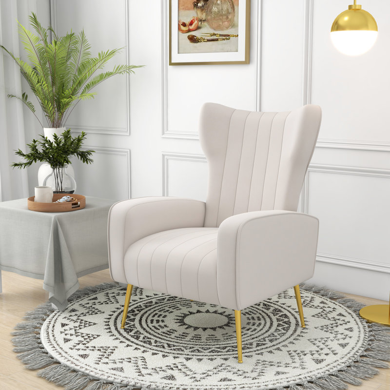 Joshy Upholstered 26.37" Wide White Velvet Wingback Armchair with Metal Legs, White Velvet
