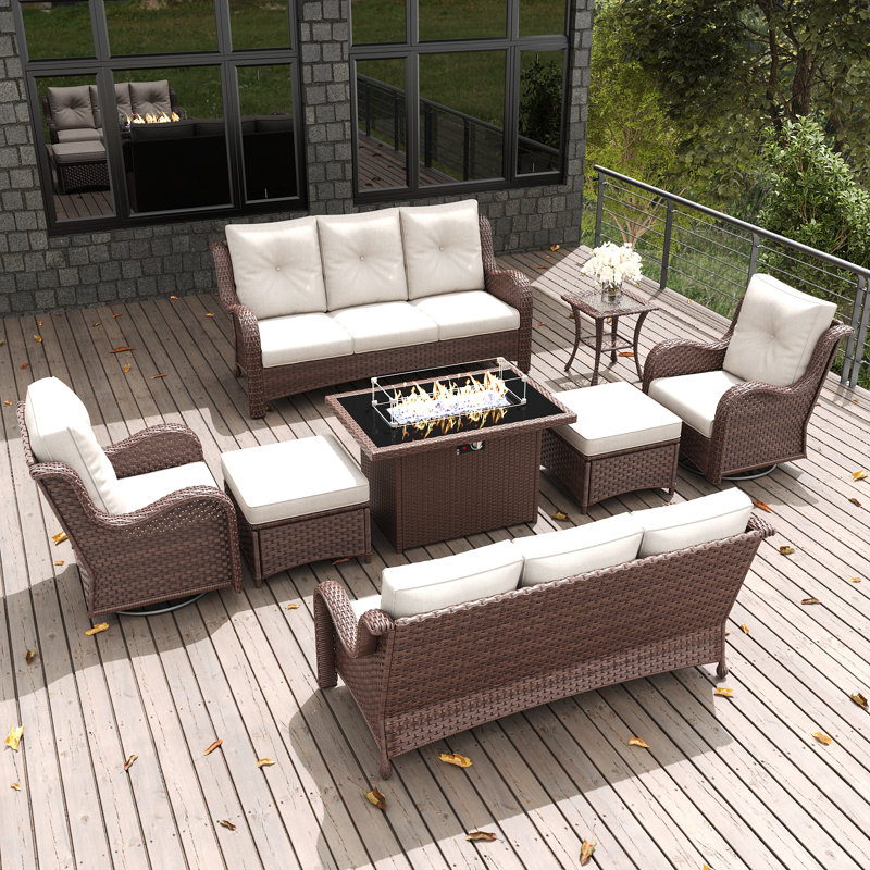  8 Pieces Outdoor Patio Furniture Set With Fire Pit Table, Rattan Wicker Sectional Swivel Rocker Chairs Sets With Ottomans, Swivel Glider Chair And Coffee Table
