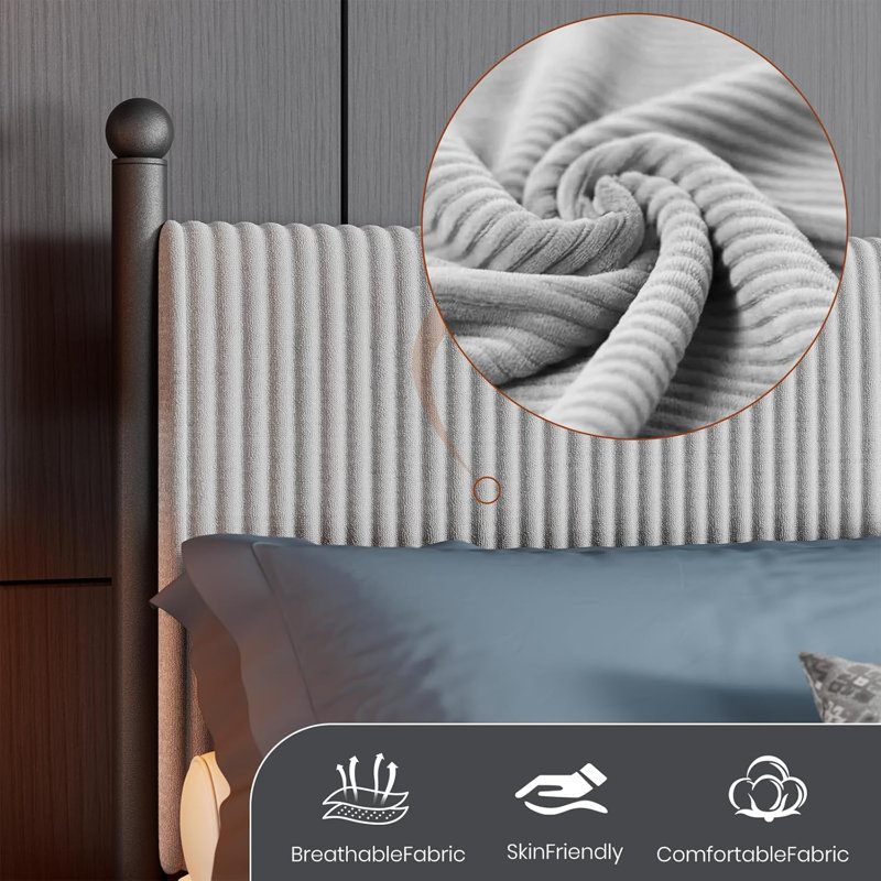 Headboard Bed Frame, Corduroy Upholstered Bed with Wooden Slats & Heavy Duty Feet, No Box Spring Required, Gray, Queen