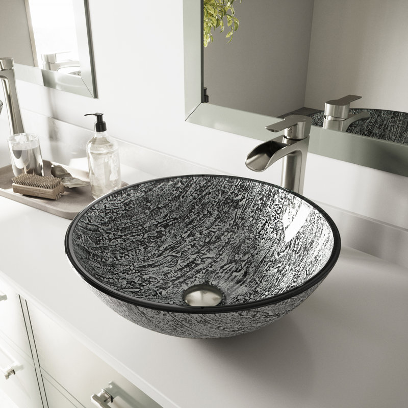Giovanni Titanium 17" L x 17" W x 6" H Round Glass Vessel Bathroom Sink with 11" H Faucet, Slate Grey, Brushed Nickel