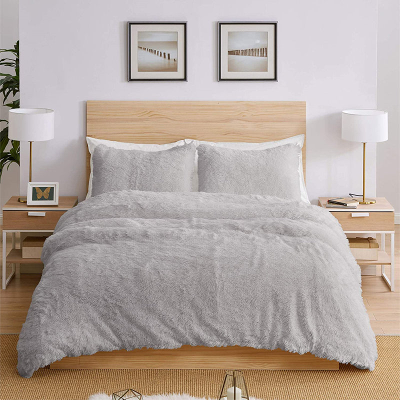 Swinford Polyester Solid Colour Duvet Cover Set with Pillowcases, Double Duvet Cover + 2 Standard Pillowcases, Silver