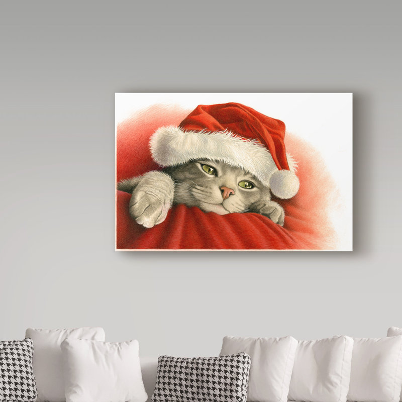 Furtado 'Gray Cat with Santa Hat' Acrylic Painting Print on Wrapped Canvas, 12" H x 19" W x 2" D