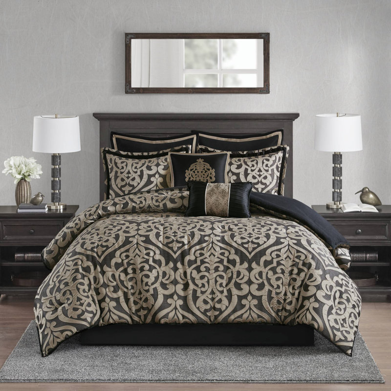 Ensemble d'édredon en jacquard de luxe 8 pièces Odette, Édredon très grand californien et 7 pièces supp, Noir / brun clair