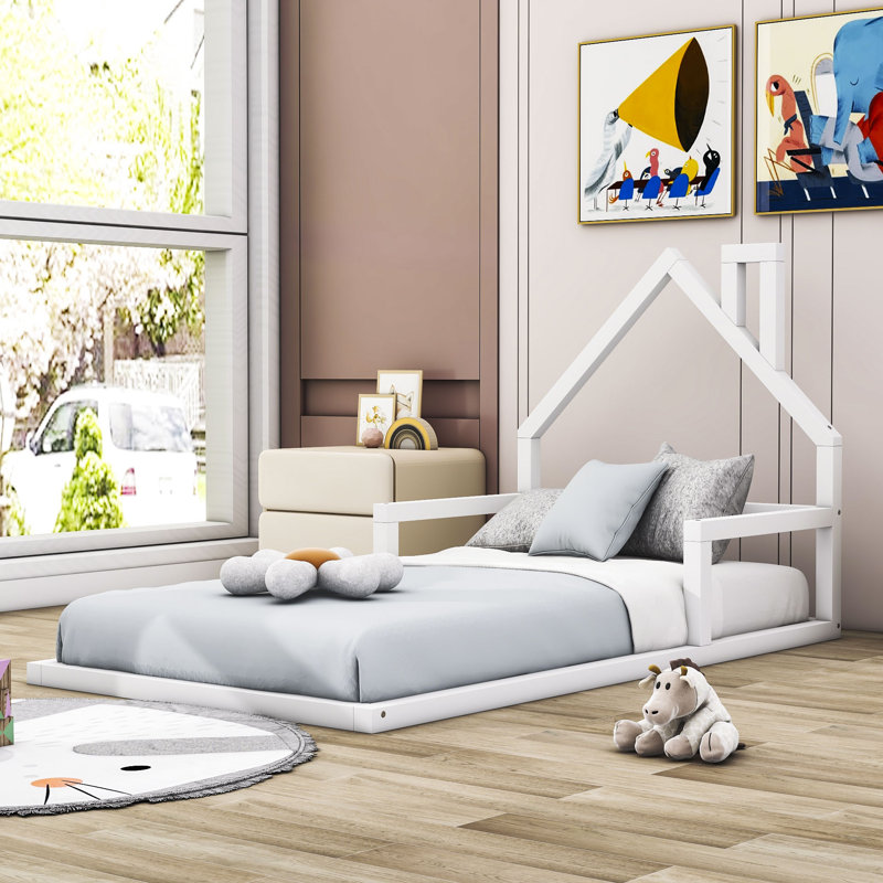 Lit en bois avec tête de lit en forme de maison, Blanc, Twin