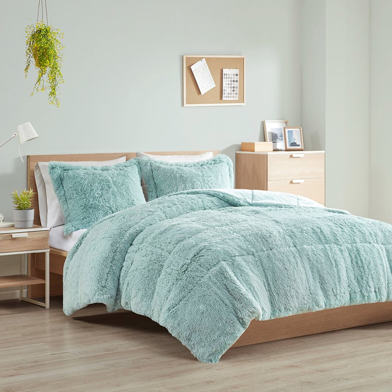 Édredon très grand / très grand - bleu à poils longs rembourré à l'envers doux l 104 po x L 90 po 2 taies décoratives l 20 po 36 po L chaud