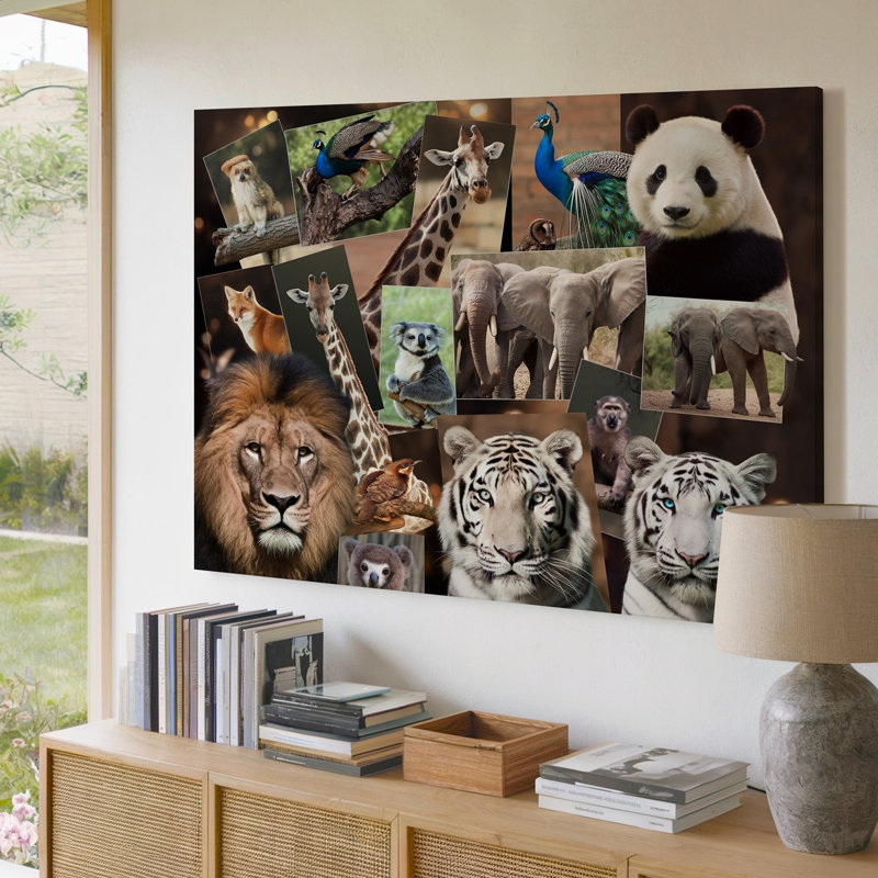 Toile, "Un collage vibrant de divers animaux remplit la scène", H 9 po x l 12 po