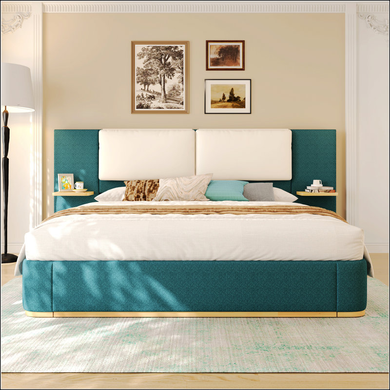 Grand lit plateforme tapissier avec panneau, Grand lit, Vert