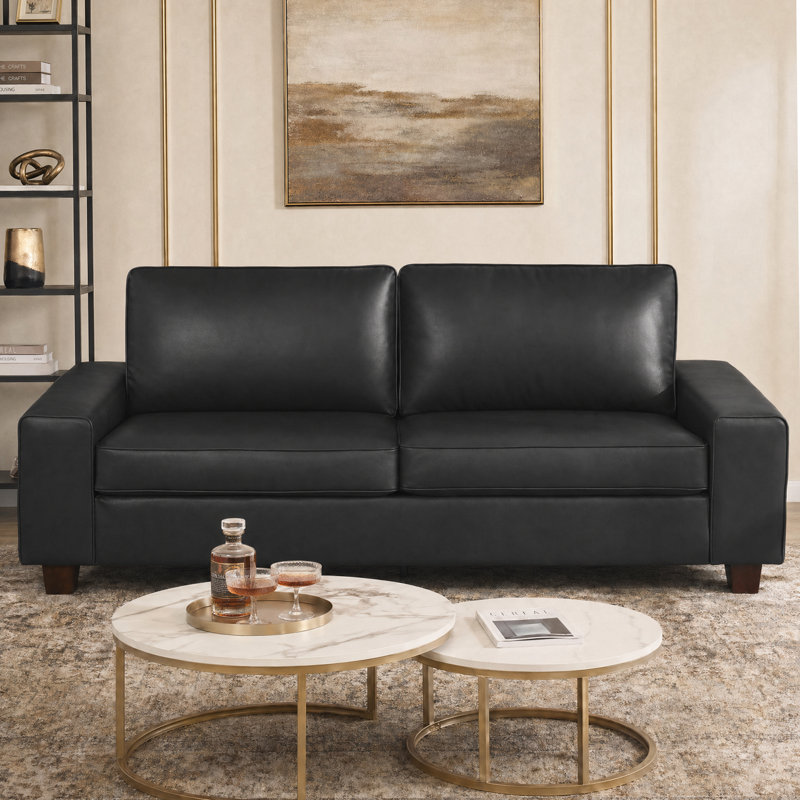 Gilmar 89" Upholstered Vegan Leather Sofa with Square Arms and Storage Pockets, Black