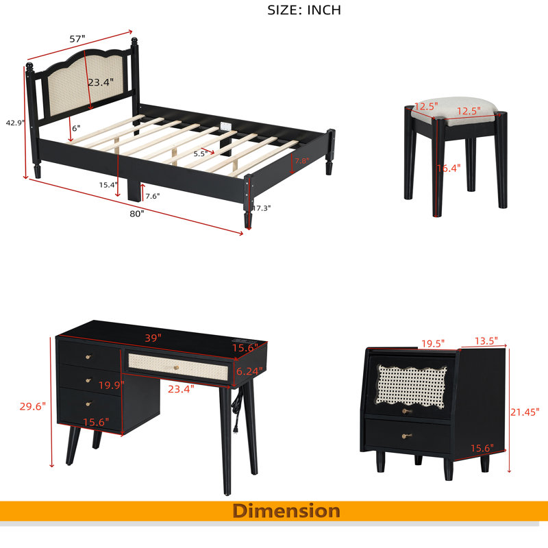 Ensemble de chambre à coucher 3 pièces avec cadre de lit en bois pleine grandeur, 1 table de chevet rétro et 1 coiffeuse de maquillage avec tabouret