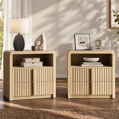 Ensemble de table de chevet cannelée moderne 24 "de 2, table de chevet 2 tiroirs avec tablette ouverte, table de bout à profil courbé pour le salon de la chambre à coucher