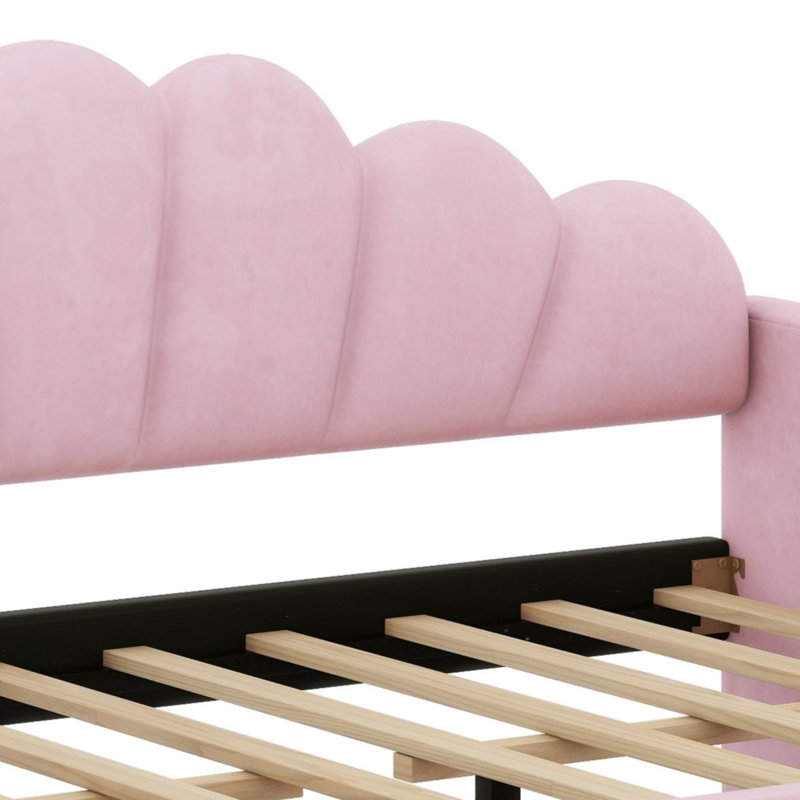 Structure de lit de jour rembourrée à 2 tiroirs avec dossier en forme de coquillage, Rose