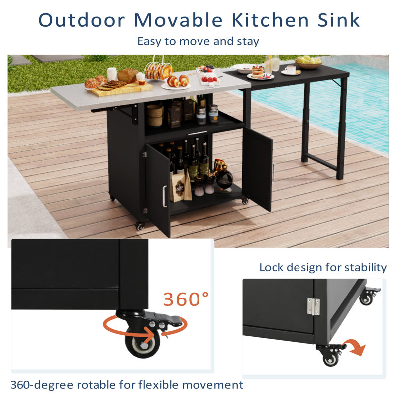 Versatile Outdoor Cabinet With Folding And Extendable Worktop, Ample Storage Space And Lockable Wheels