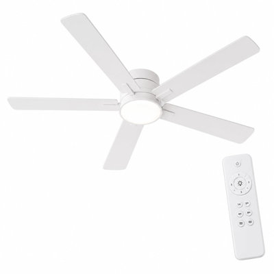 Modern Low Profile 52-Inch Ceiling Fan with Light & Remote Control - Simple Flush Mount Design - For Kitchen/Dining Room/Patio/Porch/Gazebo - Color: White