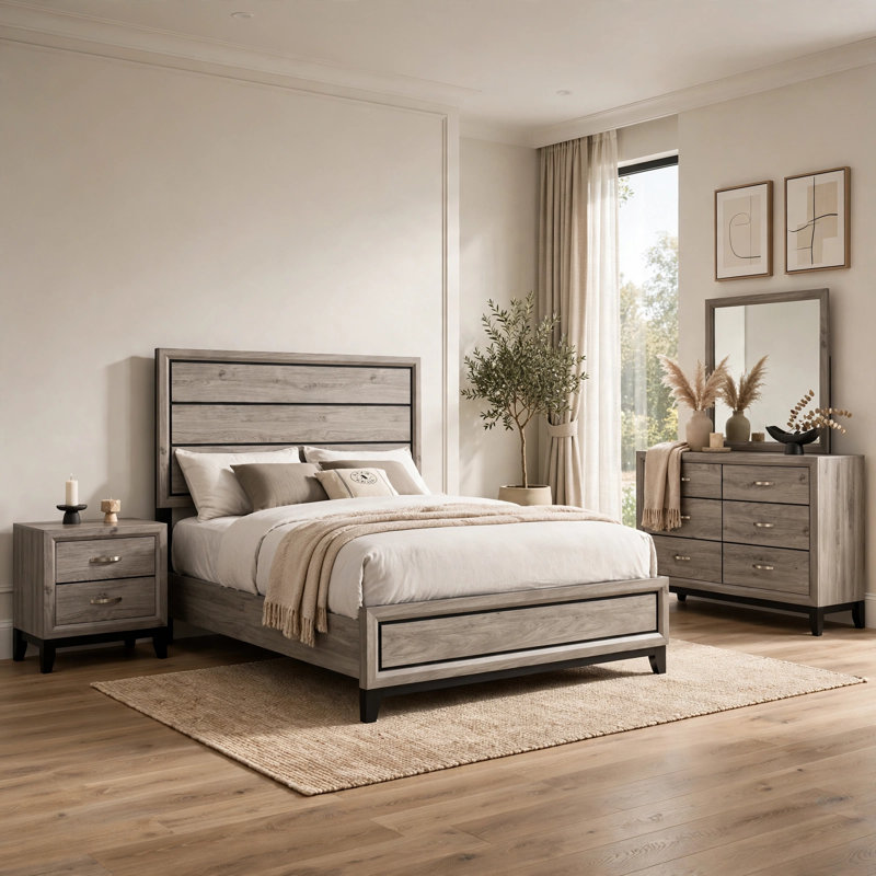 Kapa 4 Piece Bedroom Set, 4 Pcs: Bed, Nightstand, Dresser, Mirror, Queen