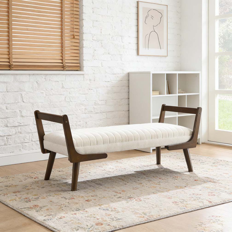 52" Mid Century Bench with Walnut Wood Leg, Beige