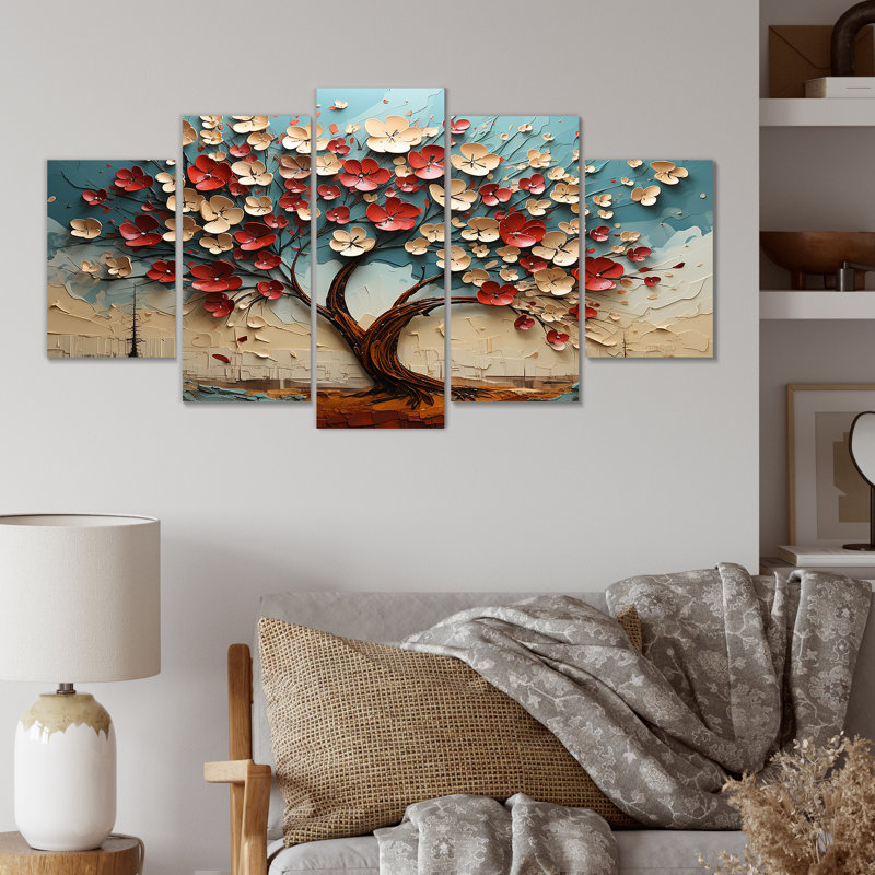 Arbre de fleurs rouges et dorées au clair de lune beauté III - ensemble d'art mural multi-panneaux