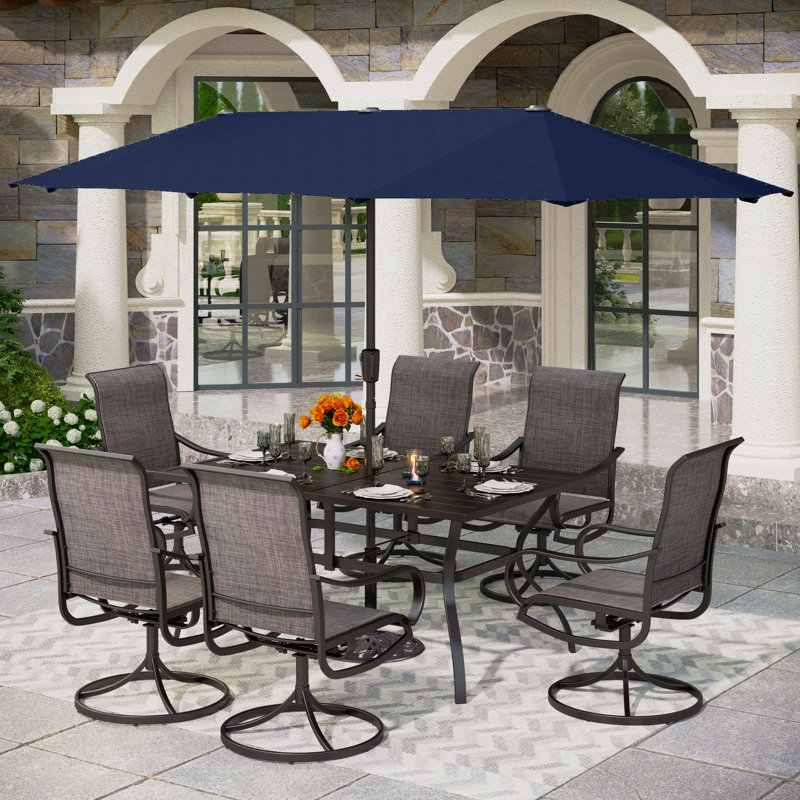 Ensemble de salle à manger de patio en métal pour 6 personnes avec table rectangulaire Alyah, Bleu