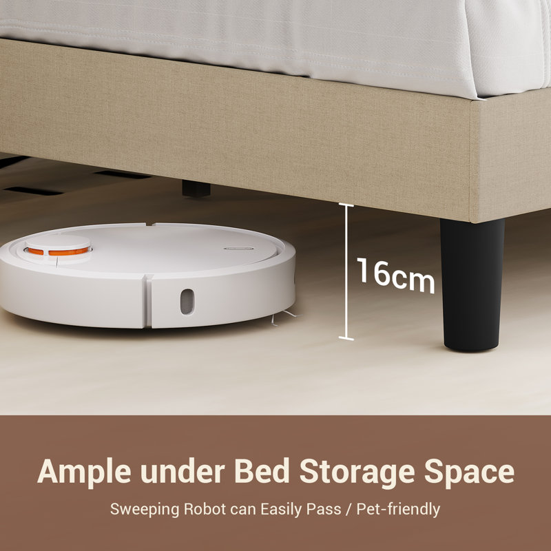 Modern Linen Upholstered Bed Frame with USB Charging Station, Double (4'6), Beige