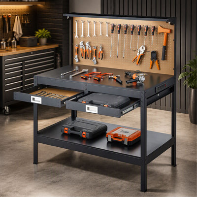 Hardwood Workbench, 242.5 lbs Weight Capacity, 47.2-inch Heavy Duty Workbench with Pegboard, 4 AC Outlets & 2 USB Ports, 4.9 ft Cable & 30 Hooks, Garage Work Bench with Drawer for Workshop