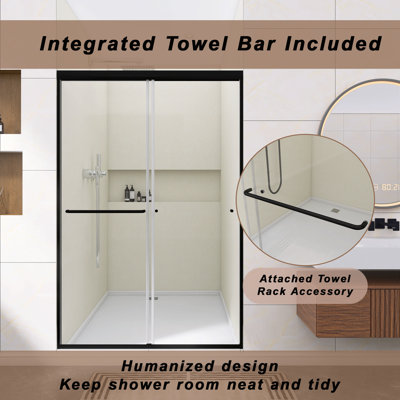 48" W X 72" H Framed Double Sliding Shower Door, 6Mm Explosion-Proof Tempered Glass With Inner Nano Film, Matte Black Finish Aluminum Alloy Frame, Bathroom Shower Enclosure With Towel Bar