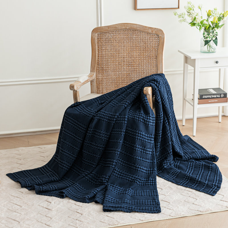 Jeté de lit en coton et viscose tissés gaufrés, Jeté, Marine