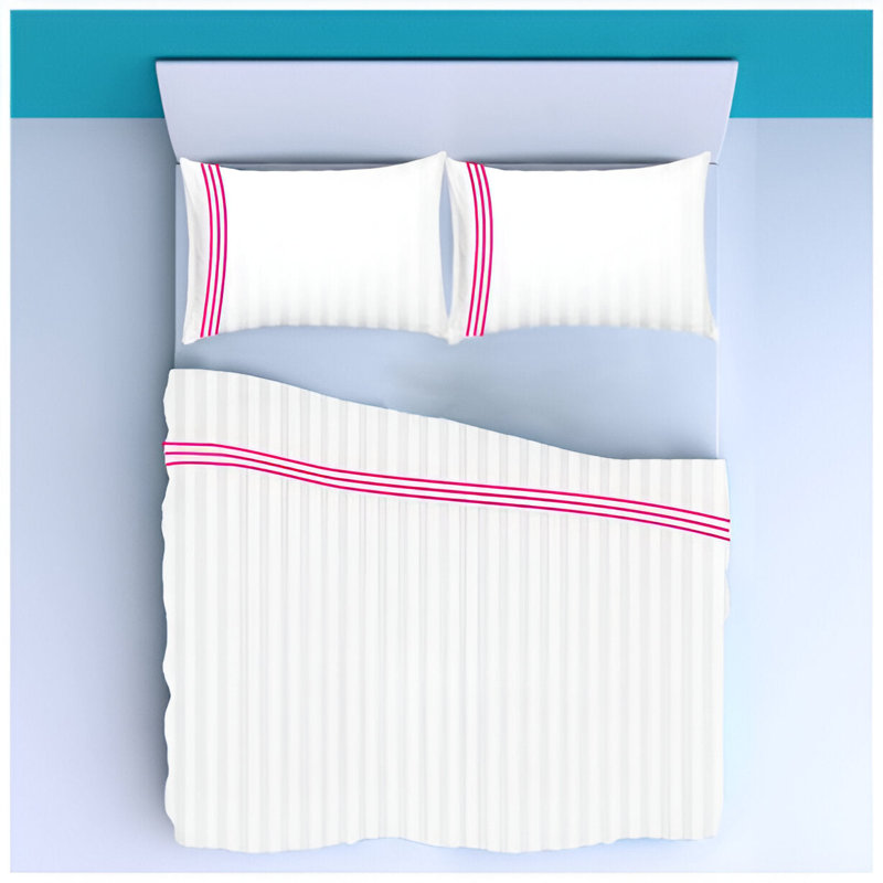 400TC Triple Embroidery Sateen Stripe Cotton 4 Piece Sheet Set Fitted Sheet Fits Upto 16" Deep Pocket, Hot Pink Border