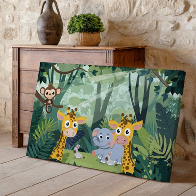 Toile, art de la jungle fantaisiste rempli de joyeux animaux muraux, y compris deux girafes souriantes