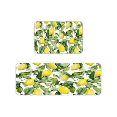 Tapis de cuisine aquarelle à imprimé citron pour cuisine et décor de chalet, jaune-vert 2 pièces