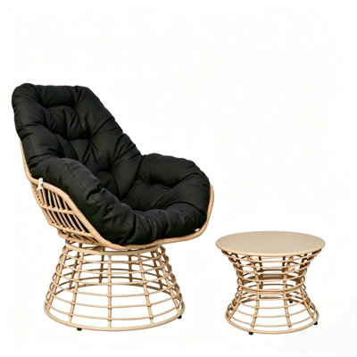 Ensemble de chaises pivotantes d'extérieur 2 pièces avec table d'appoint, méridienne en osier à 360 ° avec coussin, ensemble de conversation toutes saisons pour porche de jardin
