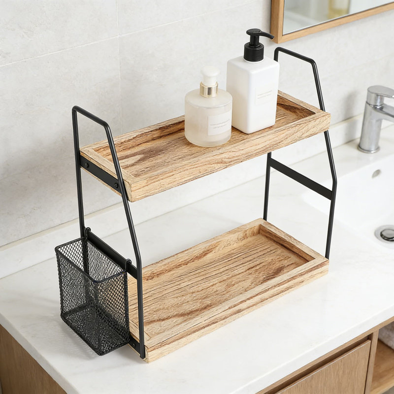 Organisateur de comptoir de salle de bain à 2 niveaux avec panier de rangement, tablette de meuble-lavabo en bois pour les soins de la peau et le maquillage, organisateur de comptoir peu encombrant