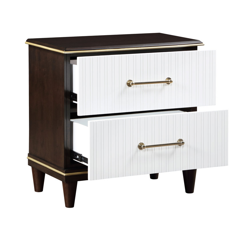 Table de chevet moderne blanc et cerisier - 2 tiroirs avec quincaillerie dorée 2 tons pour garniture de chambre à coucher cerisier / blanc