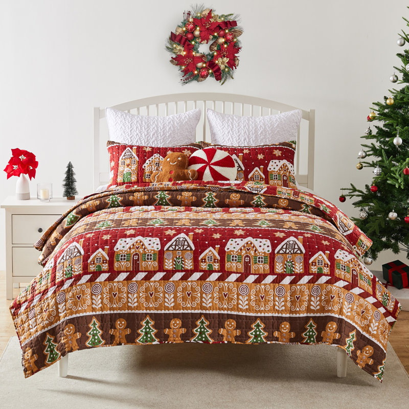 Greenland Home Fashions Gingerbread Lane Red 3-Piece King Size Quilt Set 105x95 + 20x36 (2), King Quilt + 2 King Shams