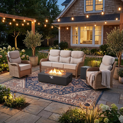 Luxury 4-Piece All Weather Wicker Patio Conversation Set with Rectangular Propane Gas Fire Pit Table, Deep Seating Outdoor Sofa & Swivel Chairs, Thick Waterproof Cushions, Rattan Furniture for Backyard Deck Porch Garden